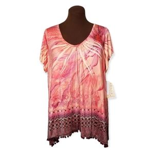 One World Coral Printed Embellished Butterfly Sleeve Top Woman Size 1X